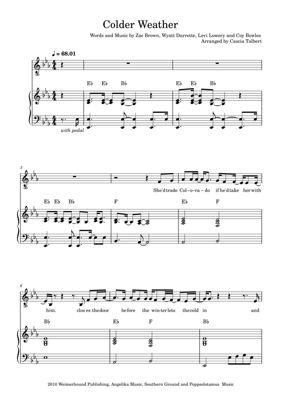 Colder Weather Piano Chords Lyrics