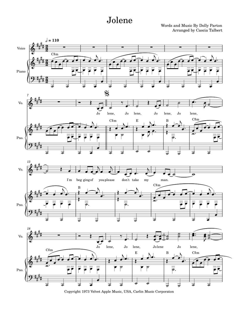 Jolene by Dolly Parton Piano Vocal