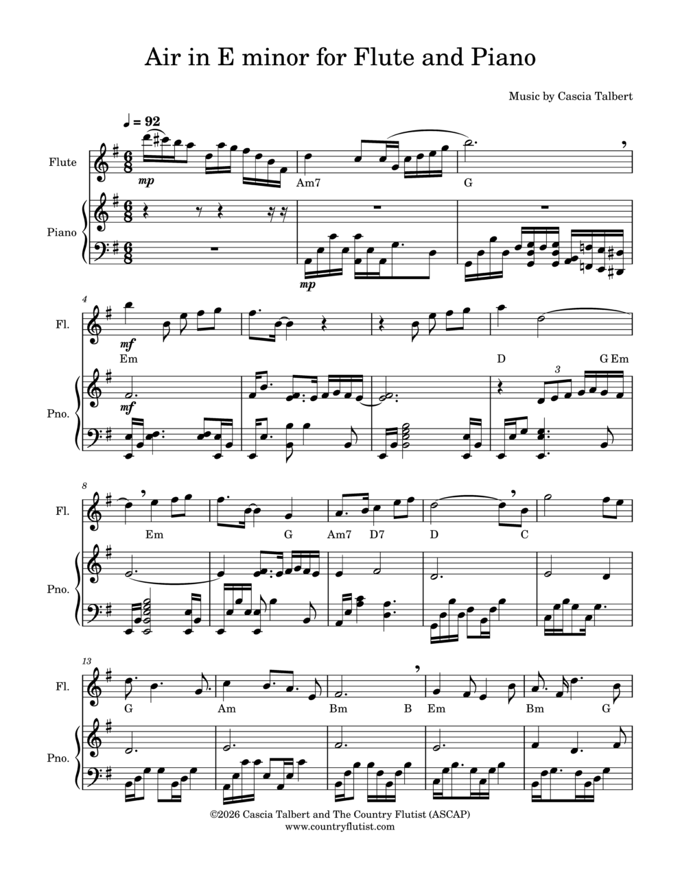 Air in E Minor for Flute and Piano by Cascia Talbert