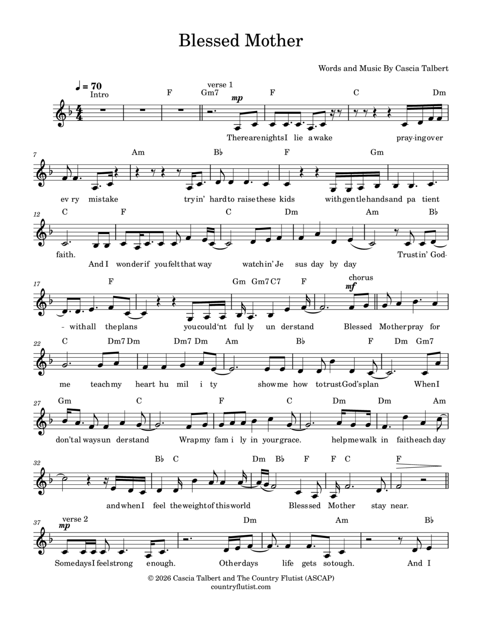 Blessed Mother piano melody chords and lyrics sheet music by Cascia Talbert
